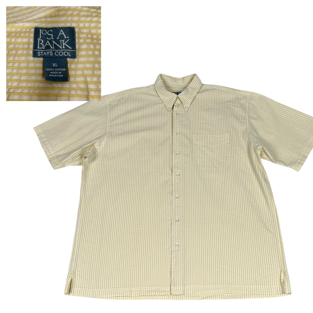 Jos A Bank Shirt Mens XL Yellow White Striped Button Up Stays Cool Cotton Summer